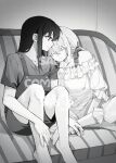  2girls barefoot chinese_commentary closed_eyes closed_mouth commentary_request couch dress greyscale hair_ribbon hand_on_another&#039;s_hand head_on_another&#039;s_shoulder highres inoue_takina long_hair lycoris_recoil medium_hair monochrome multiple_girls nishikigi_chisato off-shoulder_dress off_shoulder on_couch overalls ribbon shirt short_sleeves sitting sleeping sleeping_on_person yanlingjinshilihuahua yuri 