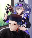  1boy 1girl :3 alternate_hairstyle barber_cape black_gloves blade_(honkai:_star_rail) bra_strap choker choso_giving_toudou_a_haircut_(meme) commentary cropped_jacket drill_hair drill_ponytail earrings electric_razor english_commentary fade_(haircut) fingerless_gloves flattop gloves goggles goggles_on_head gradient_hair grey_eyes grey_hair highres holding_razor honkai:_star_rail honkai_(series) indoors jewelry meme multicolored_hair navel parted_lips red_eyes shiruuruu silver_wolf_(honkai:_star_rail) tall_hair upper_body window 