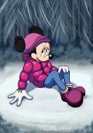 anthro boots clothed clothing coat digital_media_(artwork) disney eyelashes female footwear forest forest_background gloves handwear hat headgear headwear hi_res leogcady looking_at_viewer mammal minnie_mouse mouse murid murine nature nature_background open_mouth plant rodent sitting sitting_on_ground solo topwear tree watermark winter winter_clothing winter_coat