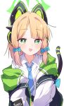  1girl absurdres animal_ear_headphones animal_ears blonde_hair blue_archive blue_bow blue_necktie blunt_bangs blush bow bright_pupils cat_ears cat_tail collared_shirt commentary fake_animal_ears fake_tail fill_(fill_lemonn) green_eyes green_halo hair_bow halo headphones highres jacket looking_at_viewer medium_hair midori_(blue_archive) necktie open_clothes open_jacket open_mouth parted_bangs shirt simple_background smile solo symbol-only_commentary tail tail_raised tsurime upper_body white_background white_jacket white_pupils white_shirt 