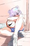  1girl anima_lyon arm_rest ball basketball_(object) basketball_uniform blue_eyes blue_shorts covered_mouth double_bun full_body hair_bun head_on_arm head_tilt highres indie_virtual_youtuber knee_up looking_at_viewer nike_(company) on_floor purple_hair red_tank_top sadamoto_hokuto shoes short_shorts shorts sitting sneakers solo sportswear tank_top virtual_youtuber white_footwear 