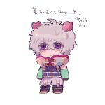  1boy bags_under_eyes bare_shoulders chibi chiimako detached_sleeves fingerless_gloves full_body gloves gnosia grey_eyes grey_hair hair_between_eyes looking_at_viewer lowres male_focus purple_eyes remnan_(gnosia) short_hair simple_background translation_request white_background 