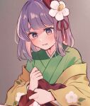  1girl crying floral_print_kimono flower green_kimono grey_background hair_flower hair_ornament hieda_no_akyuu japanese_clothes kimono long_sleeves looking_down mozukuzu_(manukedori) purple_eyes purple_hair solo touhou white_flower yellow_kimono 