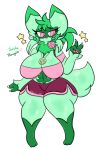 anthro big_breasts bottomwear breasts clothing collar female floragato fur generation_9_pokemon green_body green_fur green_hair hair hi_res lewdchuu_(artist) nintendo pink_eyes pokemon pokemon_(species) shorts simple_background solo star tail thick_thighs topwear white_background