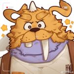  1boy broken_tusk chenxiao_bull digimon digimon_(creature) furry furry_male huge_eyebrows long_tusks looking_at_viewer personification portrait purple_fur sanpaku solo sparkle_background star_(symbol) straight-on thick_mustache two-tone_fur viewfinder walrus_boy zudomon 