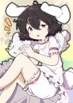  1girl absurdres animal_ears black_hair bloomers blush carrot_necklace commentary_request dress feet_out_of_frame floppy_ears gakubutiudonn449 hair_between_eyes highres inaba_mob_(touhou) inaba_tewi jewelry long_bangs looking_at_viewer necklace notice_lines open_mouth rabbit rabbit_ears rabbit_girl rabbit_tail ribbon-trimmed_dress short_hair sleep_bubble solo tail thick_eyebrows touhou waking_up white_bloomers white_dress 