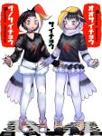  2girls bird_girl bird_tail bird_wings black_hair blue_eyes boots choker elbow_gloves feathered_wings gloves great_hornbill_(kemono_friends) hat head_wings jewelry kemono_friends kemono_friends_3 looking_at_viewer multiple_girls necklace pantyhose rhinoceros_hornbill_(kemono_friends) saba_ru scarf shirt short_hair shorts simple_background skirt tail wings 