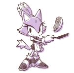  1girl absurdres animal_ears apron blaze_the_cat cat_ears cat_girl cat_tail forehead_jewel frying_pan fur-trimmed_gloves fur_trim furry furry_female gloves hand_on_own_hip highres holding holding_frying_pan looking_at_viewer official_art smile sonic_(series) sonicofficialjp tail topknot white_apron 