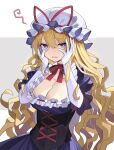  1girl blonde_hair breasts choker cleavage commentary_request corset embarrassed falken_(yutozin) gloves grey_background hair_between_eyes hands_on_own_cheeks hands_on_own_face hat large_breasts long_hair looking_at_viewer mob_cap purple_eyes red_choker red_ribbon revision ribbon ribbon_choker solo touhou two-tone_background white_background white_gloves white_headwear yakumo_yukari 