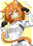  1girl ahoge animal_ears black_gloves blush breasts cat_ears cat_girl cat_tail collar commentary_request fate/grand_order fate_(series) fujimaru_ritsuka_(female) fujimaru_ritsuka_(female)_(decisive_battle_chaldea_uniform) gloves hair_between_eyes highres ichino_tomizuki long_sleeves medium_hair orange_eyes orange_hair paw_pose slit_pupils small_breasts solo tail 