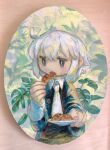 1girl blush bright_pupils cowlick croissant eating food grey_hair hands_up highres holding holding_food holding_plate jitome kezuru long_sleeves medium_hair necktie no_sclera open_mouth original painting_(medium) plant plate solo traditional_media upper_body white_necktie white_pupils 