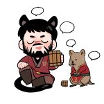  1boy animalization beard black_hair blank_speech_bubble chibi closed_eyes cup dragon_age dragon_age_2 earrings facial_hair facial_mark full_beard full_body garrett_hawke holding holding_cup jewelry kemonomimi_mode lineart male_focus panther_boy panther_ears panther_tail pickleforstony quokka short_hair simple_background smile speech_bubble varric_tethras white_background 
