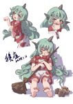  2girls absurdres artist_name barefoot broom cloud_print collared_shirt curly_hair geta green_eyes green_hair hakurei_reimu highres horns kariyushi_shirt komano_aunn long_hair multiple_girls multiple_views open_mouth rangque_(user_vjjs4748) red_shirt shirt shorts signature simple_background single_horn soles toes touhou white_background white_shorts 