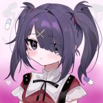  1girl ame-chan_(needy_girl_overdose) black_ribbon blush closed_mouth collared_shirt eyes_visible_through_hair gradient_background hair_ornament hair_over_one_eye long_hair looking_at_viewer neck_ribbon needy_girl_overdose pill pink_background purple_eyes purple_hair red_shirt ribbon shirt solo suspenders twintails upper_body x_hair_ornament xiezui 