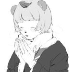  1girl :3 alternate_costume animal_ears animal_nose blunt_bangs blush breath breathing_on_hands closed_eyes commentary_request cupping_hands greyscale hands_up highres jacket leaf leaf_on_head long_sleeves mizu&#039;24 mode_aim monochrome open_mouth own_hands_together ponpoko_(vtuber) raccoon_ears raccoon_girl scarf school_uniform serafuku short_hair simple_background solo upper_body virtual_youtuber warming_hands 