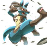 2021 3_toes anthro biped black_body black_fingers blue_ears blue_tail chest_spike fangs featureless_crotch feet fur generation_4_pokemon hand_spike hindpaw irago kick lucario nintendo open_mouth pawpads paws pink_pawpads pokemon pokemon_(species) pose red_eyes signature solo spikes spikes_(anatomy) tail teeth three-quarter_view toes tongue yellow_body yellow_fur