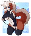 blue_eyes breasts clothing clothing_pull female generation_7_pokemon hi_res looking_at_viewer lycanroc nintendo papercut_(character) pokemon pokemon_(species) smile solo under_boob virgin_destroyer_sweater yumiiefox