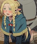  1boy 1girl blonde_hair blue_capelet blush braid capelet clothed_sex commentary_request dungeon_meshi elf french_braid green_eyes hetero jaggy_lines leaning_forward long_hair lower_teeth_only marcille_donato open_mouth pointy_ears sex sex_from_behind teeth tomu_(tomubobu) torso_grab twin_braids 