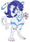 absurd_res anthro blue_hair breasts capcom claws curvy_figure cyberlord1109 darkstalkers domestic_cat felicia_(darkstalkers) felid feline felis female fur hair hi_res long_hair mammal medium_breasts navel paws red_claws simple_background solo standing tail thick_thighs voluptuous white_background white_body white_fur wide_hips yellow_eyes