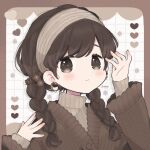  1girl artist_name braid brown_eyes brown_hair brown_headband brown_sweater brown_theme earrings headband heart highres jewelry long_hair looking_at_viewer original shamo3 sweater twin_braids twintails upper_body 