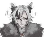  1girl animal_ears arlecchino_(genshin_impact) black_eyes black_hair cat_ears fur_trim genshin_impact greyscale monochrome multicolored_hair saint_ghoul simple_background solo sparkle sweatdrop upper_body white_background white_hair 