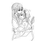  2girls cellphone closed_eyes commentary doodle943545 greyscale hair_ribbon hashtag_only_commentary holding holding_phone hug inoue_takina japanese_clothes kimono long_hair lycoris_recoil monochrome multiple_girls nishikigi_chisato official_alternate_costume official_alternate_hairstyle one_side_up open_mouth phone ribbon simple_background sketch smartphone twintails yuri 