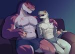 anthro arm_around_shoulders beverage brown_body brown_scales bulge clothed clothing dinosaur dromaeosaurid duo hi_res holding_glass holding_object ice_cube k0bit0wani male male/male muscular muscular_anthro muscular_male pecs red_eyes reptile scales scalie scar shirtless sitting_on-sofa theropod tyrannosaurid tyrannosaurus tyrannosaurus_rex underwear underwear_only velociraptor yellow_eyes