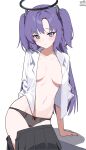  1girl artist_name black_panties black_skirt blue_archive blue_eyes blush breasts collared_shirt dated groin halo highres large_breasts long_hair long_sleeves looking_at_viewer mechanical_halo myeolchi navel open_clothes open_mouth open_shirt panties pleated_skirt purple_hair shirt signature simple_background skirt solo two_side_up underwear white_background white_shirt yuuka_(blue_archive) 