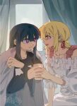  2girls bedroom black_hair black_shirt blanket blonde_hair bright_pupils chinese_commentary closed_mouth collarbone commentary_request cup curtains eye_contact frilled_shirt frills hair_ribbon highres holding holding_cup holding_hands indoors inoue_takina long_hair long_sleeves looking_at_another lycoris_recoil medium_hair morning multiple_girls nishikigi_chisato off-shoulder_shirt off_shoulder open_mouth orange_eyes purple_eyes red_ribbon ribbon shirt smile white_pupils white_shirt window yanlingjinshilihuahua yuri 