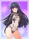  1girl armored_leotard black_gloves blue_hair blush breasts commentary_request commission cougar_(cougar1404) covered_navel frown gloves grey_leotard leotard long_hair long_sleeves looking_at_viewer open_mouth orange_eyes partial_commentary shino-chan_wa_miteiru skeb_commission small_breasts solo standing straight_hair sweatdrop yoizaki_shinoka 