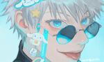  1boy blackbox_(blackbox9158) blue_background blue_eyes blue_theme charm_(object) cinnamoroll close-up gojou_satoru hair_ornament jujutsu_kaisen looking_at_viewer portrait solo sunglasses tongue tongue_out white_eyelashes white_hair 