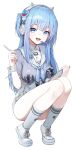  1girl absurdres animal_ear_headphones animal_ears blue_eyes blue_hair blue_neckerchief commentary cross-laced_footwear fake_animal_ears full_body gnns goddess_of_victory:_nikke grey_shirt grey_skirt grey_socks headphones high-waist_skirt highres holding holding_stylus holding_tablet_pc light_blue_hair looking_at_viewer neckerchief open_mouth shifty_(nikke) shirt short_sidetail skirt sleeves_rolled_up smile socks solo squatting stylus tablet_pc thighs tiptoes white_footwear white_headphones white_wrist_cuffs wrist_cuffs 