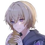  1boy aged_down aventurine_(honkai:_star_rail) blonde_hair bread closed_mouth food hair_between_eyes highres holding holding_food honkai:_star_rail honkai_(series) hood hooded_jacket ittenfsausntt jacket male_focus short_hair solo white_background 