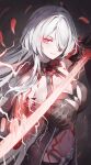  1girl acheron_(honkai:_star_rail) breasts cleavage dotthebot flower hair_over_one_eye highres holding holding_sword holding_weapon honkai:_star_rail honkai_(series) katana large_breasts long_hair looking_at_viewer navel official_alternate_hair_color red_eyes red_flower solo stomach sword very_long_hair weapon white_hair 