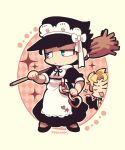  :3 apron black_dress black_hair black_headwear blonde_hair blue_eyes broom chain chibi chibi_only closed_eyes crossdressing dio_brando dress full_body hat holding holding_broom jojo_no_kimyou_na_bouken kotorai kujo_jotaro maid maid_headdress no_nose open_mouth over_shoulder shirt signature sparkle striped_clothes striped_shirt waist_apron white_shirt 