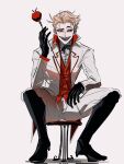  1boy apple black_footwear blonde_hair colored_skin corrupted_twitter_file demon_boy food fruit full_body hair_slicked_back hazbin_hotel highres looking_to_the_side lucifer_(hazbin_hotel) male_focus oc0oc00occ sharp_teeth sitting solo spread_legs suit teeth white_skin 