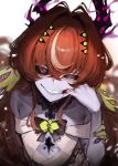  1girl absurdres bandaged_chest black_bow black_bowtie black_horns black_sclera blood bow bowtie brown_hair collarbone colored_sclera colored_skin cowlick dokuro_deluxe extra_eyes green_pupils grey_skin highres horns indie_virtual_youtuber long_hair megu_(vtuber) multicolored_hair purple_eyes second-party_source sharp_teeth slit_pupils solo streaked_hair symbol-shaped_pupils teeth upper_body x-shaped_pupils yellow_eyes 