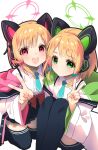  2girls :3 :d animal_ear_headphones animal_ears ariko_youichi black_skirt black_thighhighs blue_archive blue_bow blue_necktie blunt_bangs blush bow cat_day cat_ears center_frills closed_mouth collared_shirt commentary_request expressionless fake_animal_ears feet_out_of_frame frills green_eyes green_halo hair_bow halo hand_up headphones kneeling knees_up long_sleeves looking_at_viewer midori_(blue_archive) miniskirt momoi_(blue_archive) multiple_girls necktie open_mouth orange_hair parted_bangs pink_halo pleated_skirt red_bow red_eyes shirt short_hair short_necktie siblings sidelocks simple_background sisters sitting skirt smile thighhighs twins v v-shaped_eyebrows white_background white_shirt wide_sleeves zettai_ryouiki 