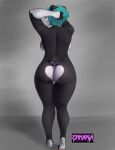 absurd_res anthro bear big_butt blue_hair breasts butt erharia female genitals grey_background hair heart_(marking) hi_res looking_away mammal nude pose pussy rear_view side_boob simple_background smile solo