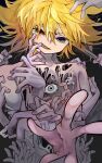  1boy black_background blonde_hair body_horror extra_eyes extra_hands frill_inferno grabbing_another&#039;s_hair highres horror_(theme) looking_at_viewer male_focus open_mouth pppppp reaching reaching_towards_viewer solo sonoda_lucky symbol-shaped_pupils yellow_eyes 