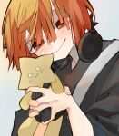  1boy black_shirt frill_inferno headphones headphones_around_neck holding holding_stuffed_toy looking_at_viewer male_focus medium_hair orange_hair otogami_reijirou pppppp red_eyes shirt simple_background smile solo stuffed_toy 