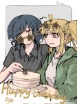  2girls ahoge black_shirt blonde_hair blue_hair bocchi_the_rock! border bright_pupils cake cherry chinese_commentary collared_shirt commentary_request eyewear_on_head food fruit green_jacket grey_background hair_ornament hairclip happy_birthday highres holding holding_plate ijichi_nijika jacket long_hair long_sleeves medium_hair multiple_girls parted_lips plate red_eyes shirt short_sleeves side_ponytail star-shaped_eyewear sunglasses upper_body white_border white_pupils white_shirt yamada_ryo yanlingjinshilihuahua yellow_eyes 