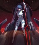  ayanami_rei blue_hair highres holding holding_weapon jeremy_anninos lance_of_longinus_(evangelion) lcl neon_genesis_evangelion plugsuit red_eyes short_hair sitting weapon 