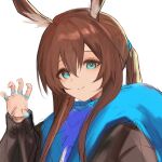  1girl amiya_(arknights) animal_ear_fluff animal_ears arknights black_jacket blue_eyes brown_hair claw_pose closed_mouth commentary_request ha_(huton_in_mach) hair_between_eyes hand_up highres hood hood_down hooded_jacket jacket long_hair long_sleeves looking_at_viewer open_clothes open_jacket ponytail puffy_long_sleeves puffy_sleeves rabbit_ears sidelocks simple_background sketch smile solo unfinished white_background 