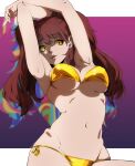  1girl armpits arms_up bikini breasts brown_hair dark_persona earrings eyelashes highres jewelry kujikawa_rise long_hair looking_at_viewer navel open_mouth persona persona_4 shadow_(persona) shadow_rise solo swimsuit teeth twintails twitter_username umenituru upper_teeth_only yellow_bikini yellow_eyes 