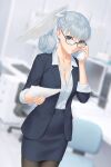  1girl black-framed_eyewear blurry blurry_background breasts cleavage collared_shirt cowboy_shot dutch_angle grey_eyes grey_hair head_wings highres holding holding_paper holding_phone indoors jewelry looking_at_viewer melia_antiqua miura-n315 office pantyhose paper pencil_skirt pendant phone shirt skirt skirt_suit solo suit wings xenoblade_chronicles_(series) xenoblade_chronicles_1 