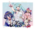  3girls blue_hair breasts closed_eyes cowlick dori_(genshin_impact) faruzan_(genshin_impact) genshin_impact green_eyes green_hair hat layla_(genshin_impact) long_hair looking_at_viewer multiple_girls open_mouth pince-nez pink_hair pointing pointy_ears small_breasts sosokusa tagme teeth twintails upper_teeth_only veil 