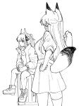  2girls animal_ears arknights closed_mouth coffee_cup commentary cup disposable_cup dragon_girl dragon_horns drink expressionless facing_away fox_ears fox_girl fox_tail franka_(arknights) greyscale hand_on_own_hip hand_up haruichi_(sazanami_complex) high_collar highres holding holding_drink horns jacket liskarm_(arknights) long_hair long_sleeves looking_at_another looking_at_viewer medium_hair monochrome multiple_girls open_clothes open_jacket own_hands_together ponytail profile scarf shirt shoes sideways_glance simple_background sitting sketch skirt sleeves_pushed_up sneakers standing symbol-only_commentary tail tail_raised white_background 