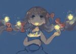  1girl blue_background bow braid brown_eyes brown_hair bucket commentary_request cowboy_shot dress floating_hair glowing hair_bow hands_up highres holding holding_bucket kezuru long_hair mouth_hold orange_bow original partially_colored simple_background sketch solo star_(symbol) strap_slip twin_braids very_long_hair 
