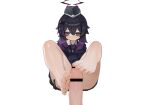  1boy 1girl bar_censor barefoot black_hair blue_archive blush censored dokomon footjob garrison_cap gradient_hair hair_between_eyes hair_ornament hairclip halo haruka_(blue_archive) hat hetero highres long_hair long_sleeves multicolored_hair penis pov purple_eyes purple_hair purple_halo simple_background toenails toes white_background 